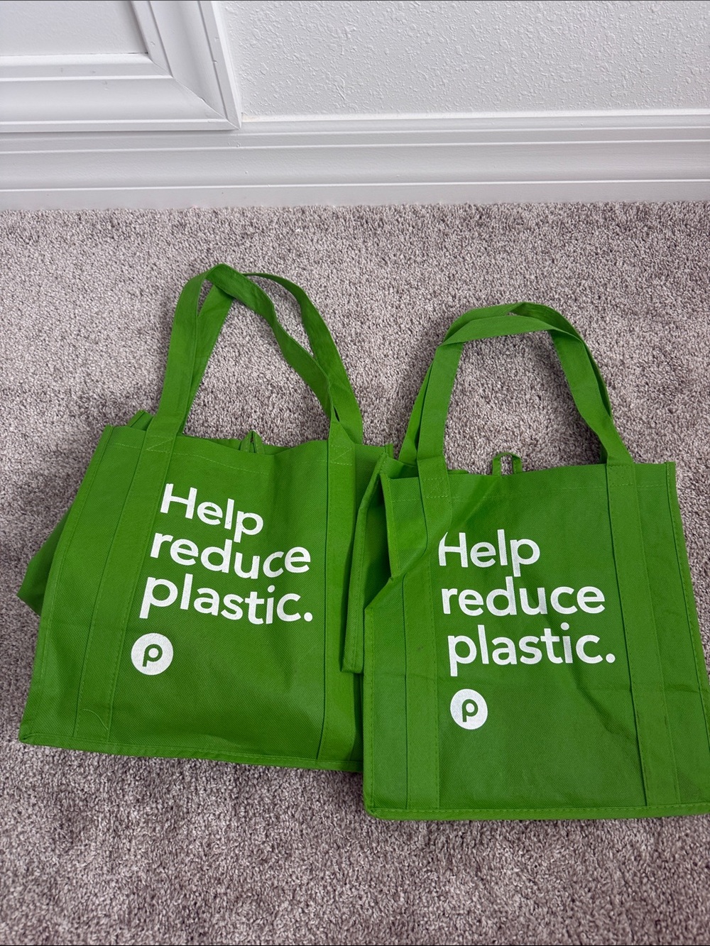 Reusable Green Tote Bag Pair - "Help reduce plastic."